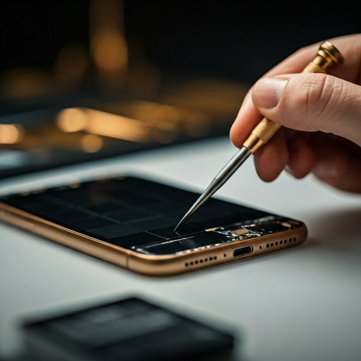 Technician fixing a mobile phone with precision tools